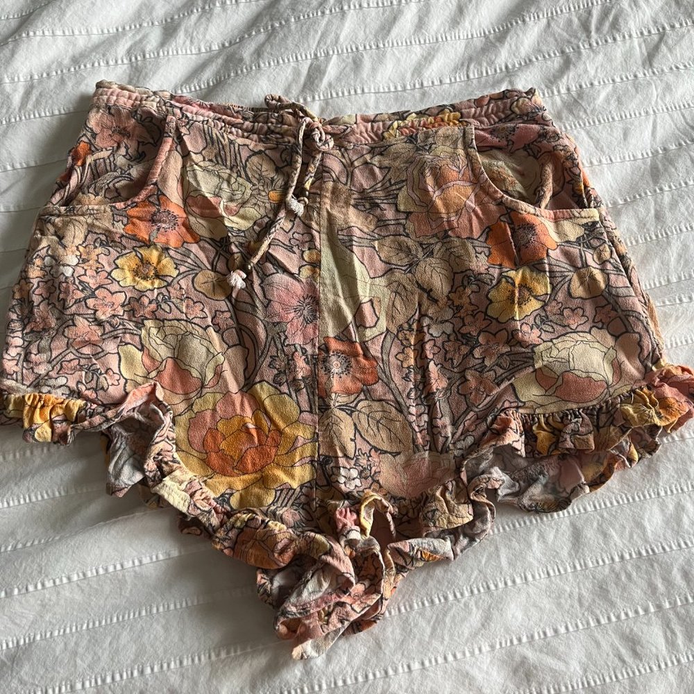Spell Floral Ruffle Hem Shorts in Pink, Yellow & Orange - Picture 4 of 7